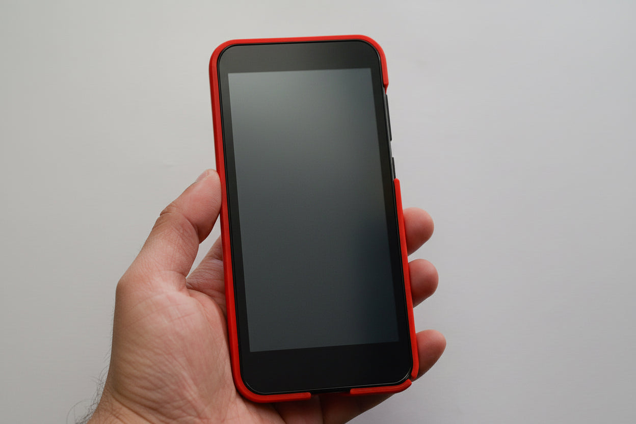 Hand holding a black electronic device with a red case against a neutral background