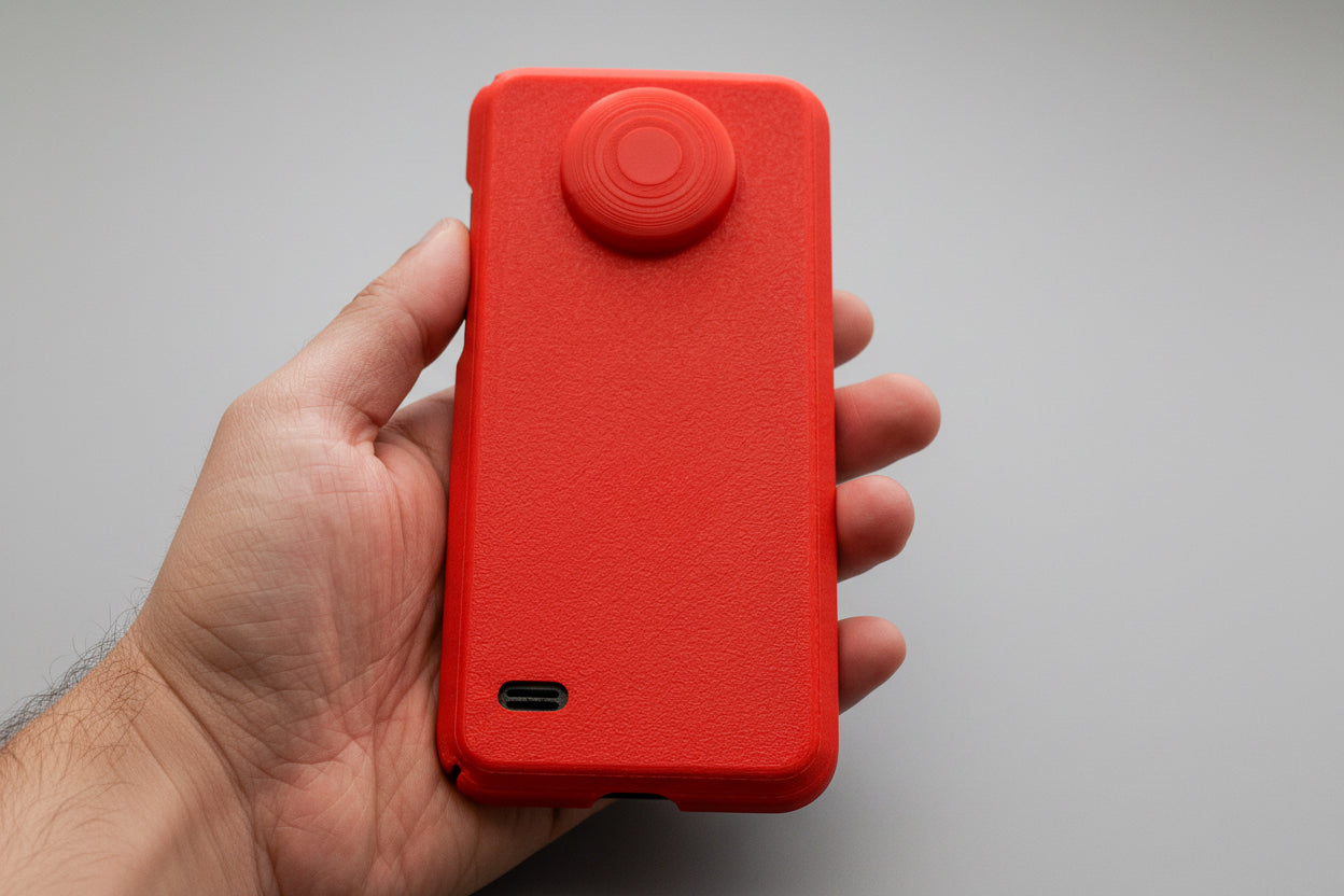 Red phone case held in a hand against a gray background