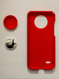 Red phone case with a textured surface held in a hand against a white background