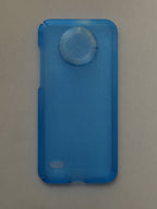 Blue phone case with a circular design on a beige background